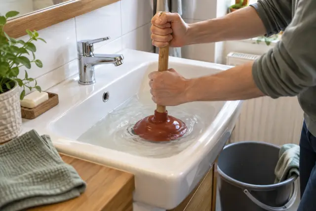 Hände setzen eine Saugglocke auf den Abfluss eines teilweise mit Wasser gefüllten Waschbeckens.